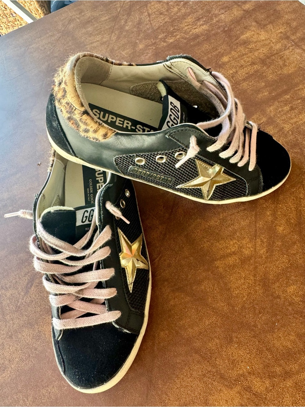 Golden Goose Black Leather & Suede Sneakers with Gold Star and Pink Laces